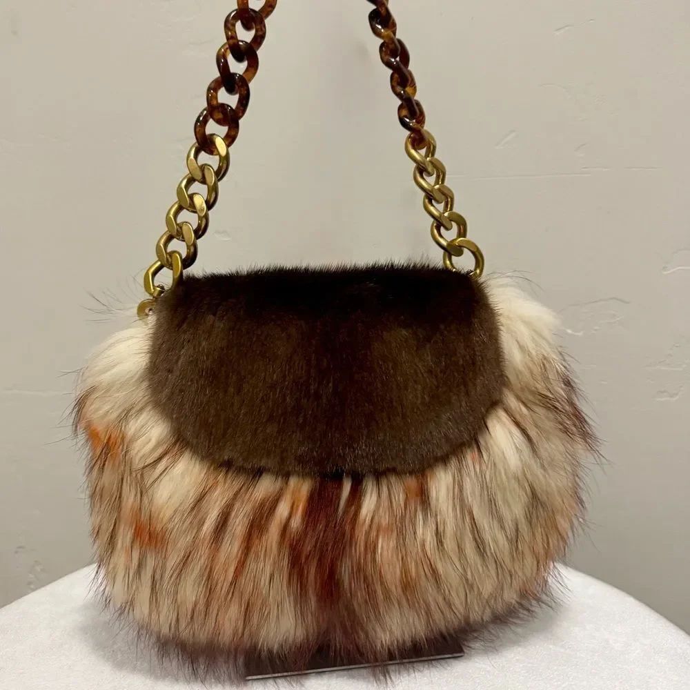 Natural Mink Fur Flap With Real Fox Fur Full Coverall Shoulder Bag/Crossbody